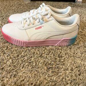 Puma Women's White Sneakers with Pink-to-Blue Gradient Sole